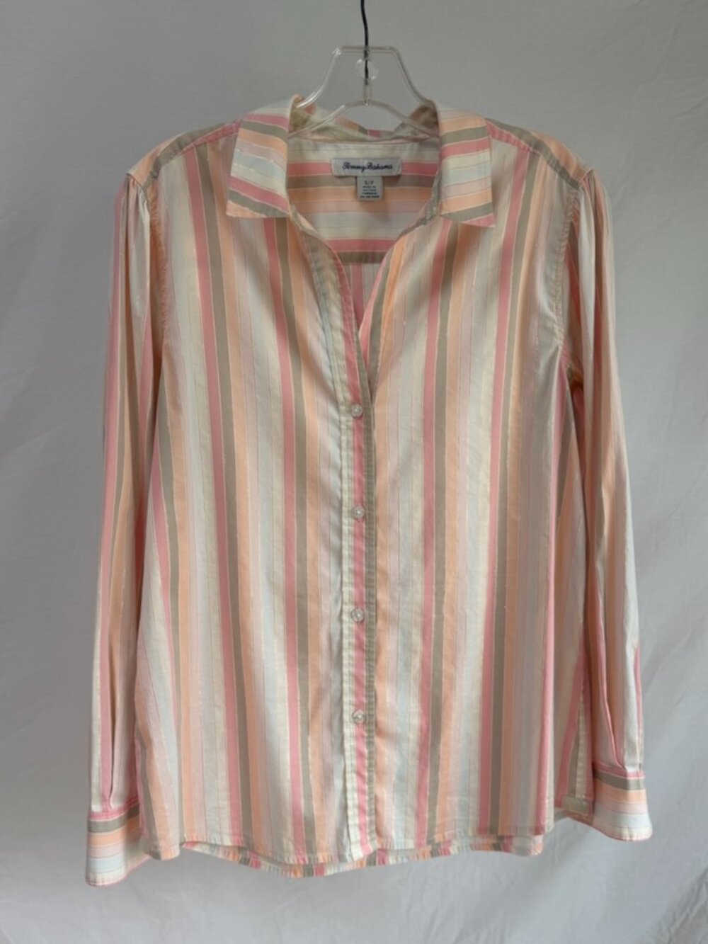 TOMMY BAHAMA Mango Tango Pink & Grey Striped Blouse Size S/P